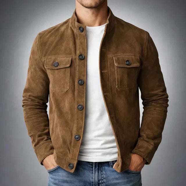 Suede Button-Up Jacket Men's Army Green Stand Collar – Casual, Office