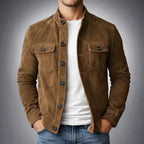 Suede Button-Up Jacket Men's Army Green Stand Collar – Casual, Office