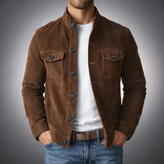 Suede Button-Up Jacket Men's Army Green Stand Collar – Casual, Office
