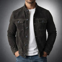 Suede Button-Up Jacket Men's Army Green Stand Collar – Casual, Office