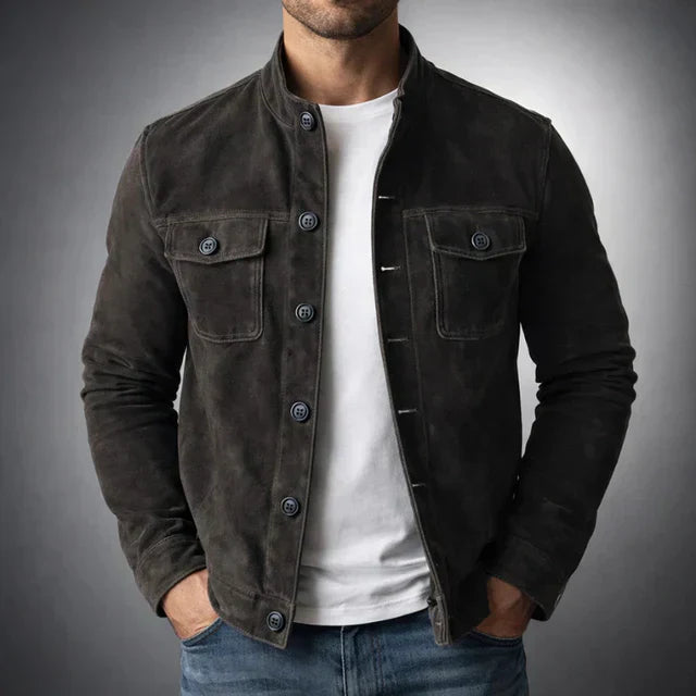 Suede Button-Up Jacket Men's Army Green Stand Collar – Casual, Office