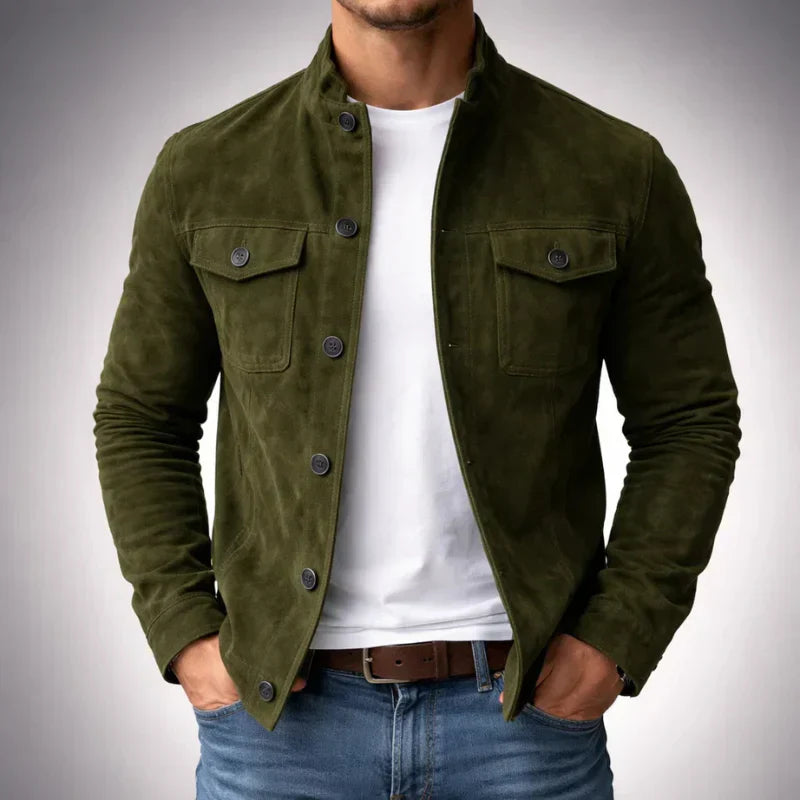 Suede Button-Up Jacket Men's Army Green Stand Collar – Casual, Office