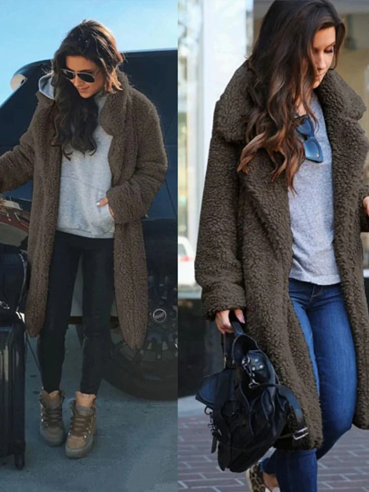 Teddy Coat Women's Long Fleece Jacket with Pockets – Casual, Winter
