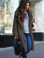 Teddy Coat Women's Long Fleece Jacket with Pockets – Casual, Winter