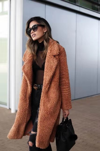 Teddy Coat Women's Long Fleece Jacket with Pockets – Casual, Winter