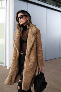 Teddy Coat Women's Long Fleece Jacket with Pockets – Casual, Winter