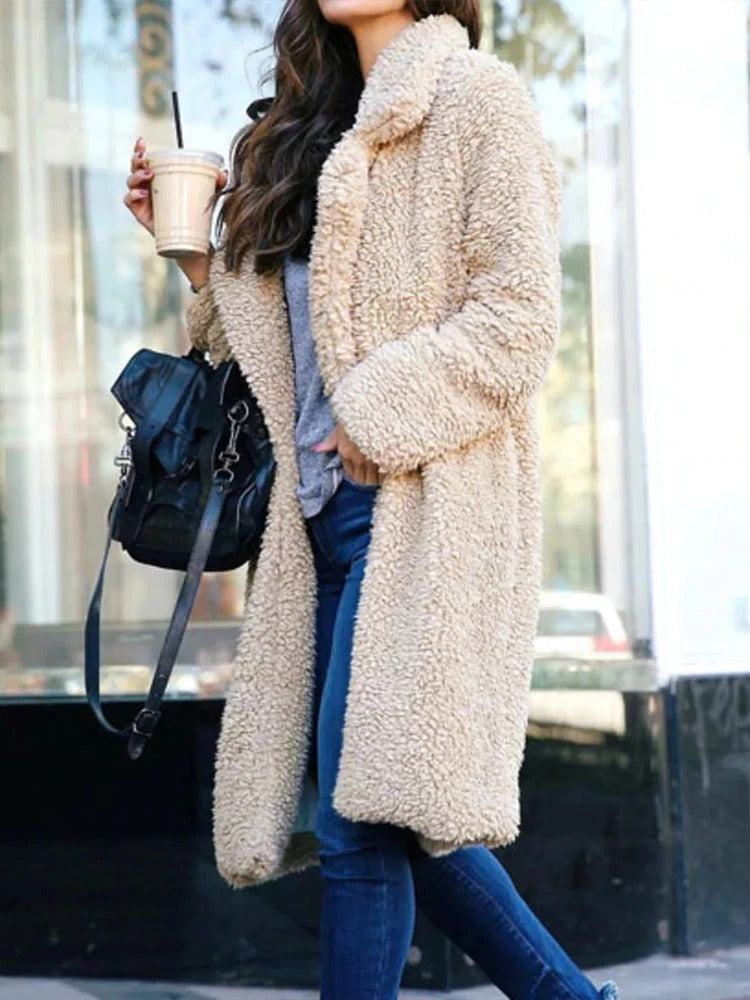 Teddy Coat Women's Long Fleece Jacket with Pockets – Casual, Winter