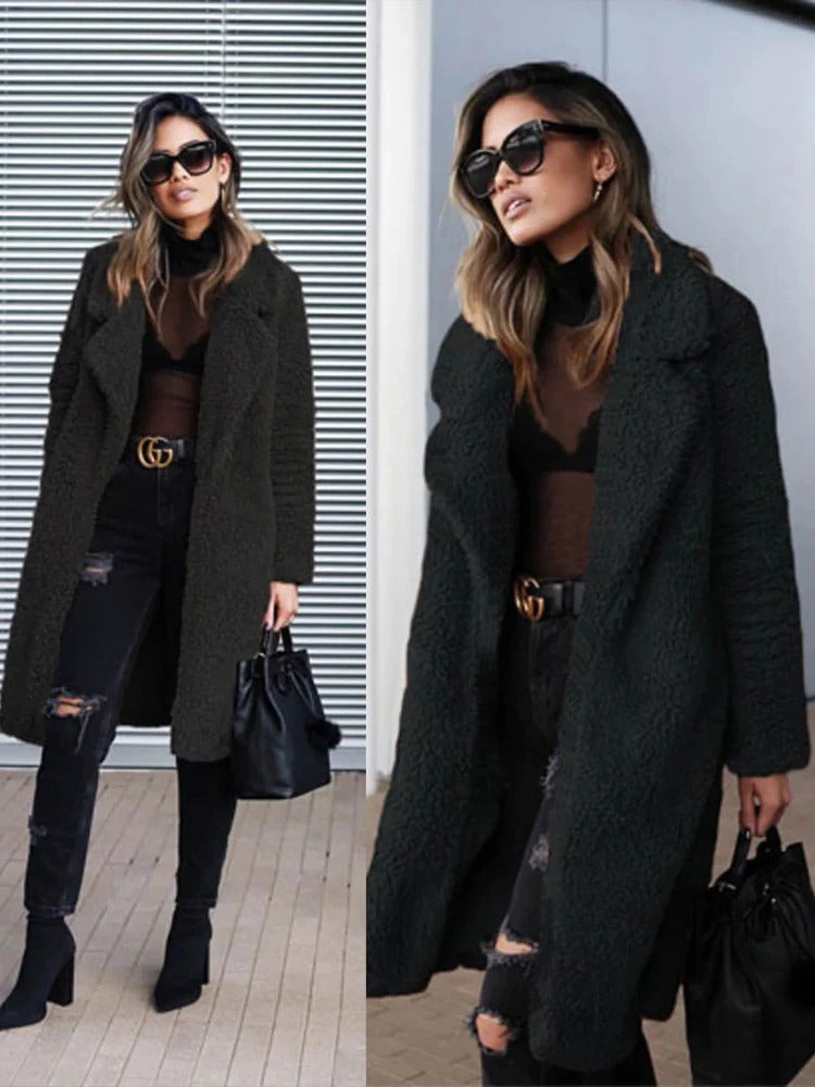 Teddy Coat Women's Long Fleece Jacket with Pockets – Casual, Winter
