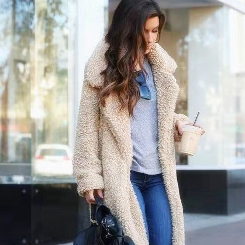 Teddy Coat Women's Long Fleece Jacket with Pockets – Casual, Winter