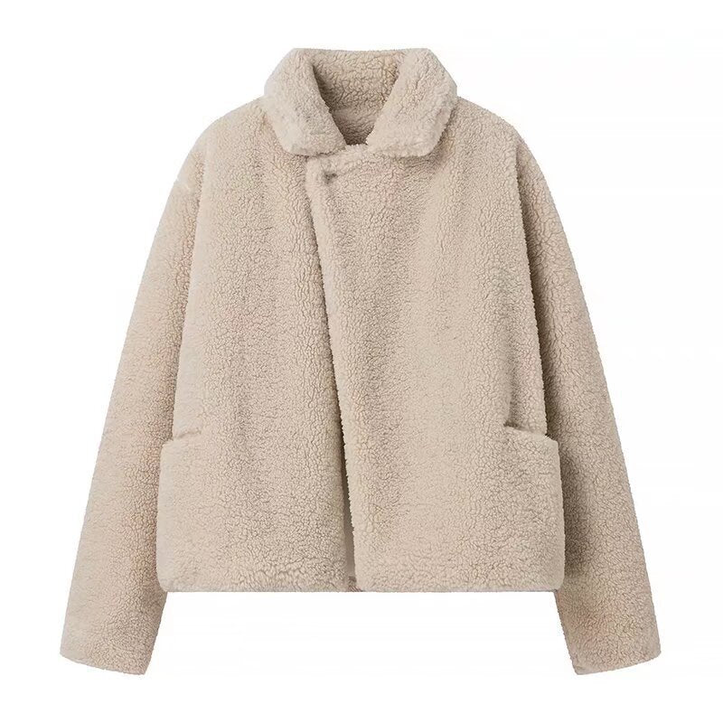 Beige Teddy Fleece Jacket Women's Cropped Coat – Casual, Winter