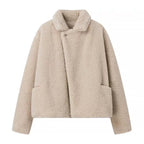 Beige Teddy Fleece Jacket Women's Cropped Coat – Casual, Winter