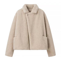 Beige Teddy Fleece Jacket Women's Cropped Coat – Casual, Winter