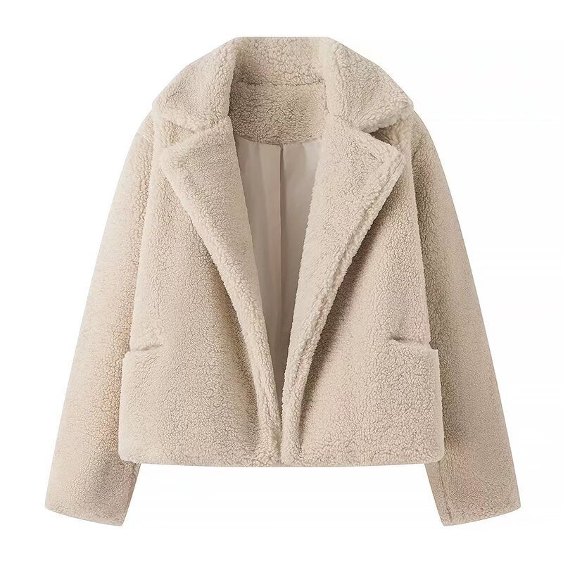 Beige Teddy Fleece Jacket Women's Cropped Coat – Casual, Winter