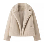 Beige Teddy Fleece Jacket Women's Cropped Coat – Casual, Winter