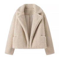 Beige Teddy Fleece Jacket Women's Cropped Coat – Casual, Winter