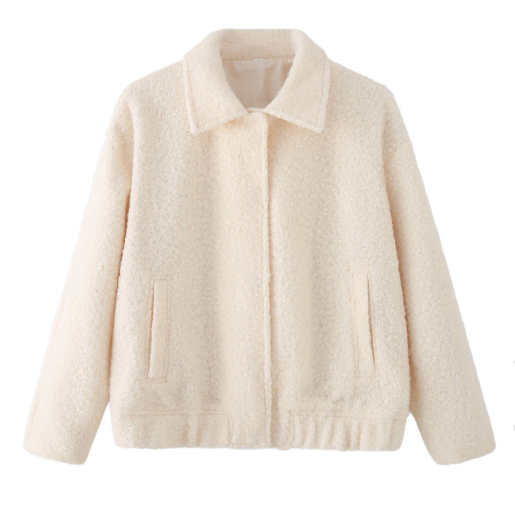 Teddy Jacket Women's Button-Front Camel Boucle Coat with Pockets – Casual, Winter Gift