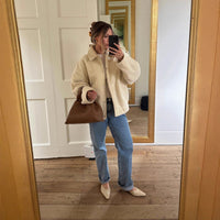 Teddy Jacket Women's Button-Front Camel Boucle Coat with Pockets – Casual, Winter Gift