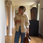 Teddy Jacket Women's Button-Front Camel Boucle Coat with Pockets – Casual, Winter Gift