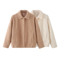 Teddy Jacket Women's Button-Front Camel Boucle Coat with Pockets – Casual, Winter Gift