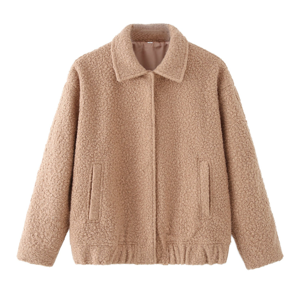 Teddy Jacket Women's Button-Front Camel Boucle Coat with Pockets – Casual, Winter Gift