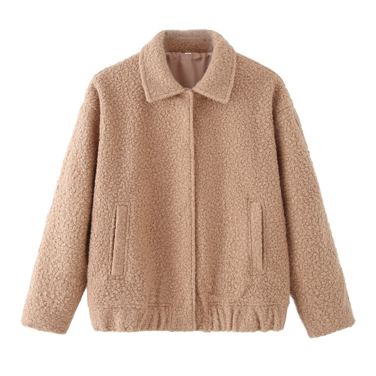 Teddy Jacket Women's Button-Front Camel Boucle Coat with Pockets – Casual, Winter Gift