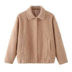 Teddy Jacket Women's Button-Front Camel Boucle Coat with Pockets – Casual, Winter Gift