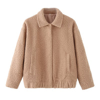 Teddy Jacket Women's Button-Front Camel Boucle Coat with Pockets – Casual, Winter Gift