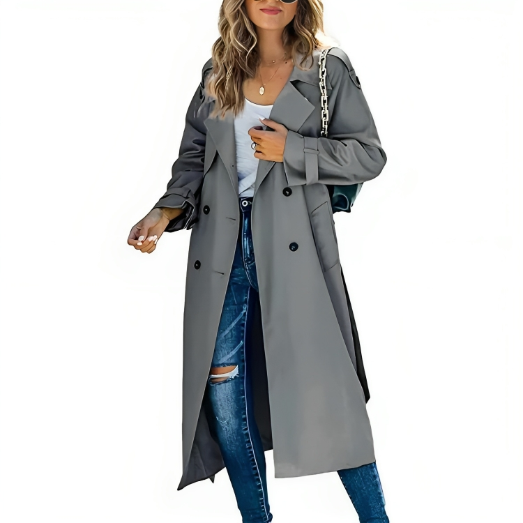 Damen Trenchcoat Lang Doppelreiher mit Revers – Casual, Büro, Geschenk