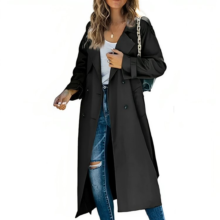 Damen Trenchcoat Lang Doppelreiher mit Revers – Casual, Büro, Geschenk