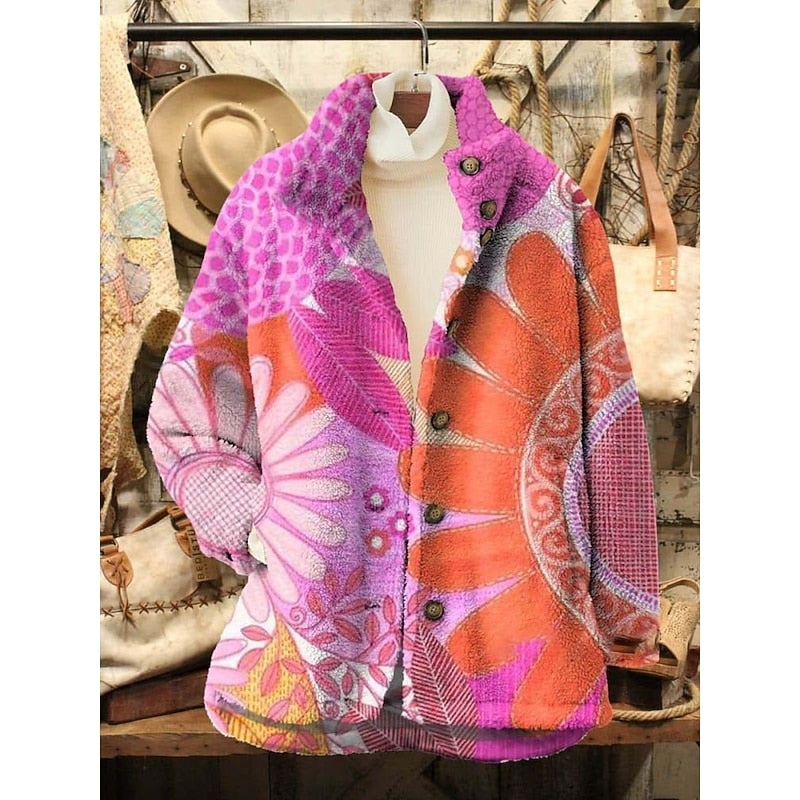 Vintage Floral Fleece Jacket Women's Bohemian Button-Up Coat – Casual Layering, Fall Outerwear