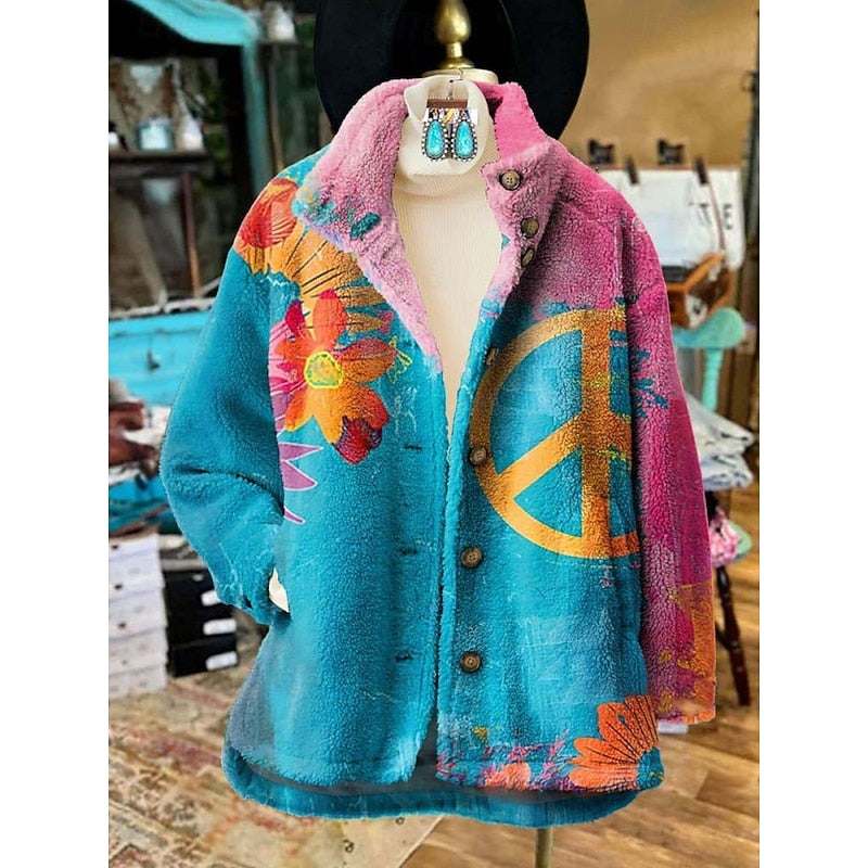 Vintage Floral Fleece Jacket Women's Bohemian Button-Up Coat – Casual Layering, Fall Outerwear