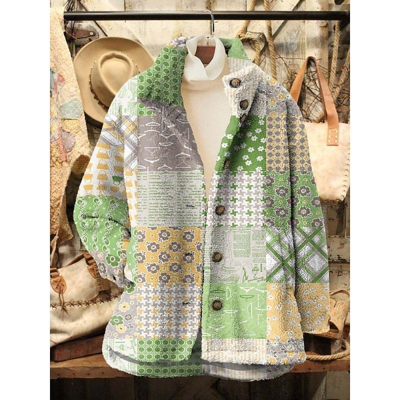 Vintage Floral Fleece Jacket Women's Bohemian Button-Up Coat – Casual Layering, Fall Outerwear