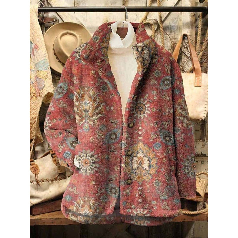 Vintage Floral Fleece Jacket Women's Bohemian Button-Up Coat – Casual Layering, Fall Outerwear