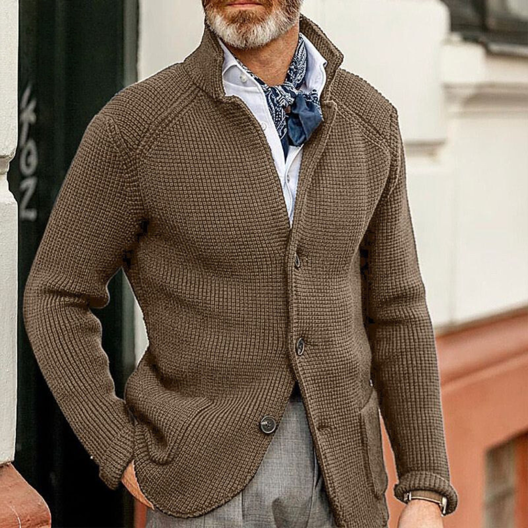 Waffle Knit Button Cardigan Men's Brown – Casual, Office