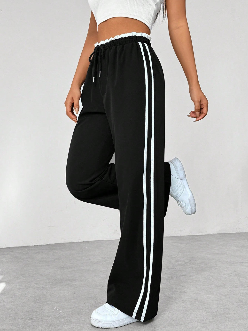 Wide Leg Pants Women's Blue Drawstring High Waist with Pockets – Casual, Office