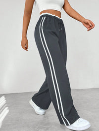 Wide Leg Pants Women's Blue Drawstring High Waist with Pockets – Casual, Office