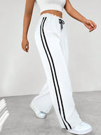 Wide Leg Pants Women's Blue Drawstring High Waist with Pockets – Casual, Office