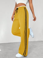 Wide Leg Pants Women's Blue Drawstring High Waist with Pockets – Casual, Office