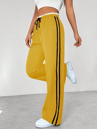 Wide Leg Pants Women's Blue Drawstring High Waist with Pockets – Casual, Office