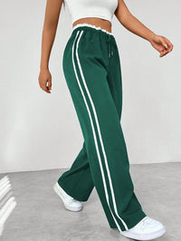Wide Leg Pants Women's Blue Drawstring High Waist with Pockets – Casual, Office