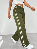 Wide Leg Pants Women's Blue Drawstring High Waist with Pockets – Casual, Office