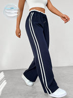 Wide Leg Pants Women's Blue Drawstring High Waist with Pockets – Casual, Office
