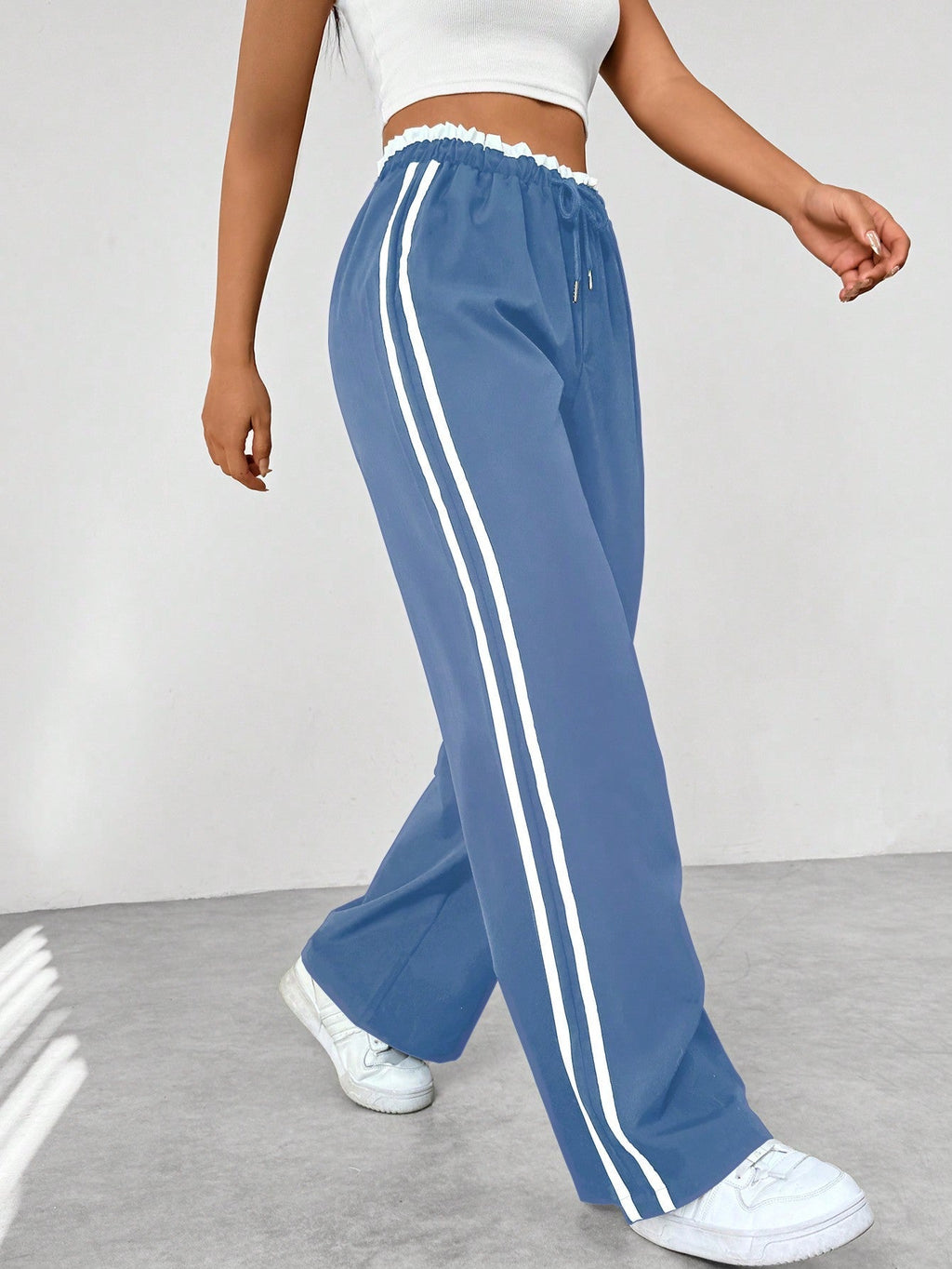 Wide Leg Pants Women's Blue Drawstring High Waist with Pockets – Casual, Office
