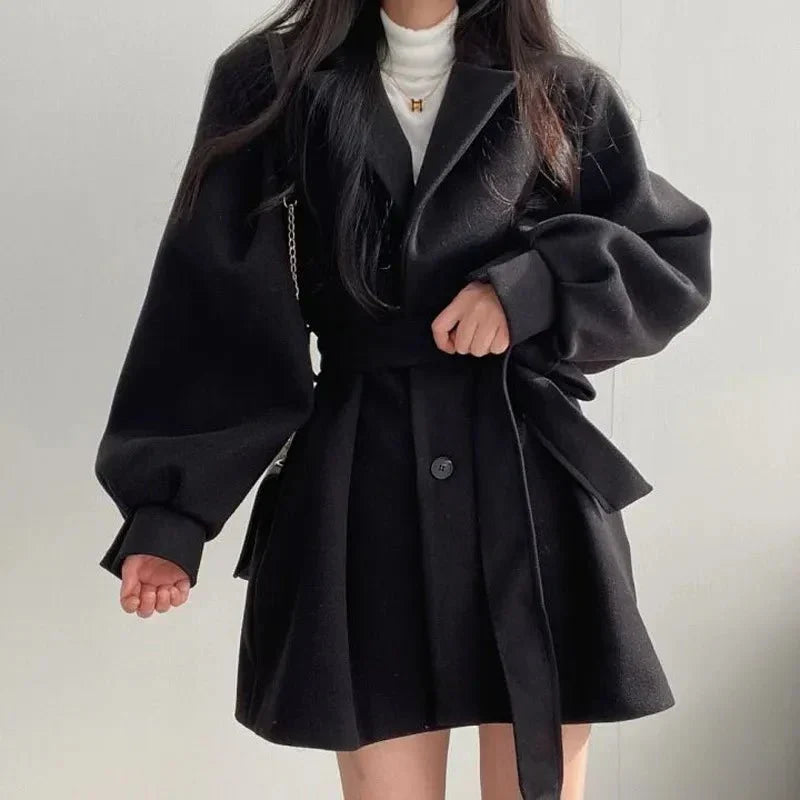 Women's Belted Coat Double-Breasted Lapel Jacket – Casual, Office