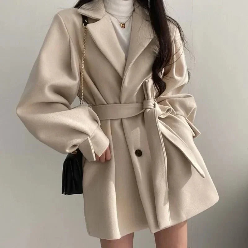 Women's Belted Coat Double-Breasted Lapel Jacket – Casual, Office