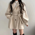 Women's Belted Coat Double-Breasted Lapel Jacket – Casual, Office