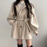 Women's Belted Coat Double-Breasted Lapel Jacket – Casual, Office