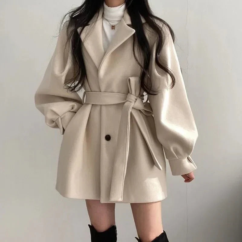 Women's Belted Coat Double-Breasted Lapel Jacket – Casual, Office