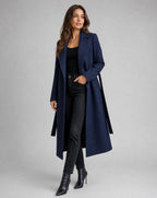 Women's Longline Coat with Belt and Notch Lapel – Casual, Office