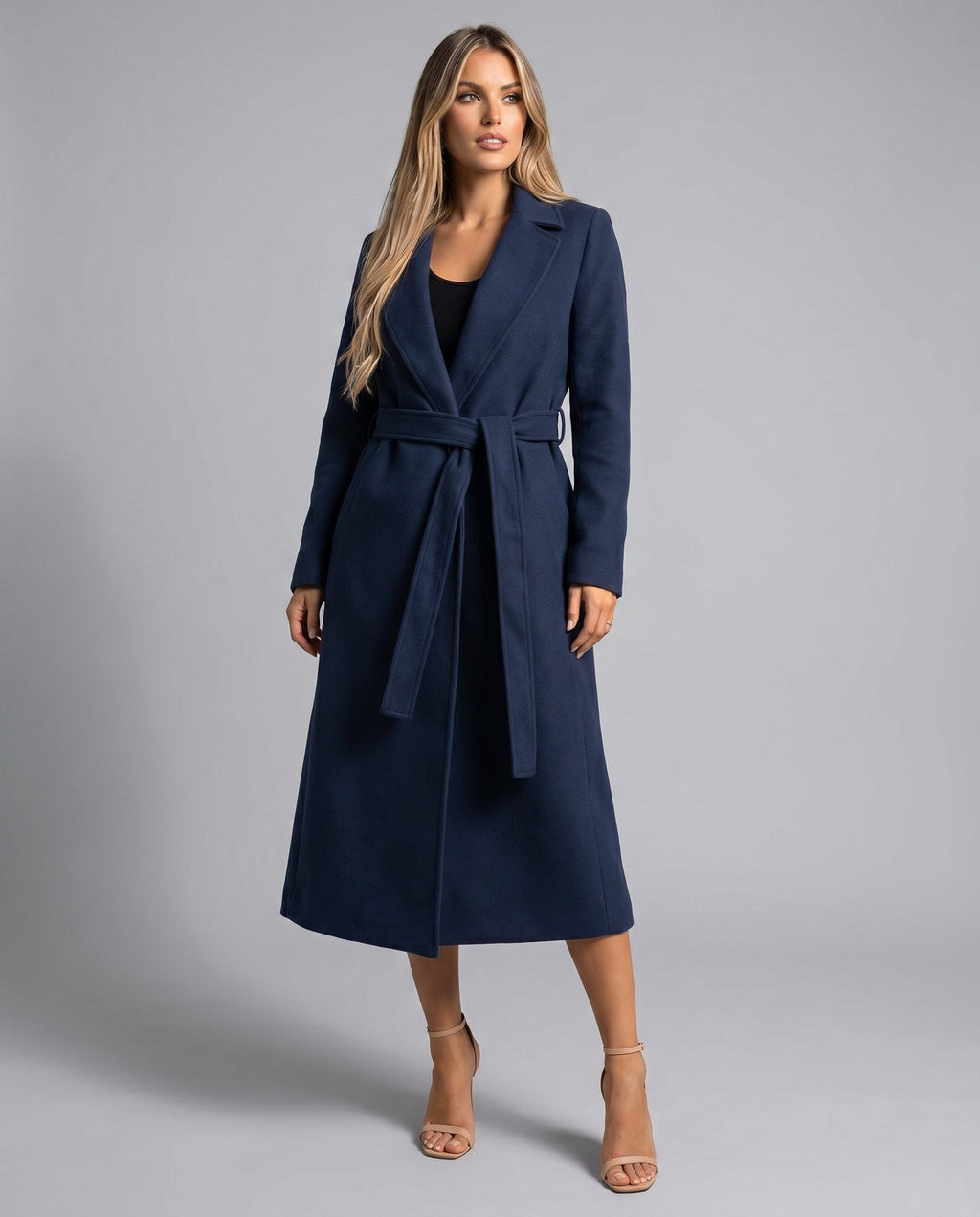 Women's Longline Coat with Belt and Notch Lapel – Casual, Office